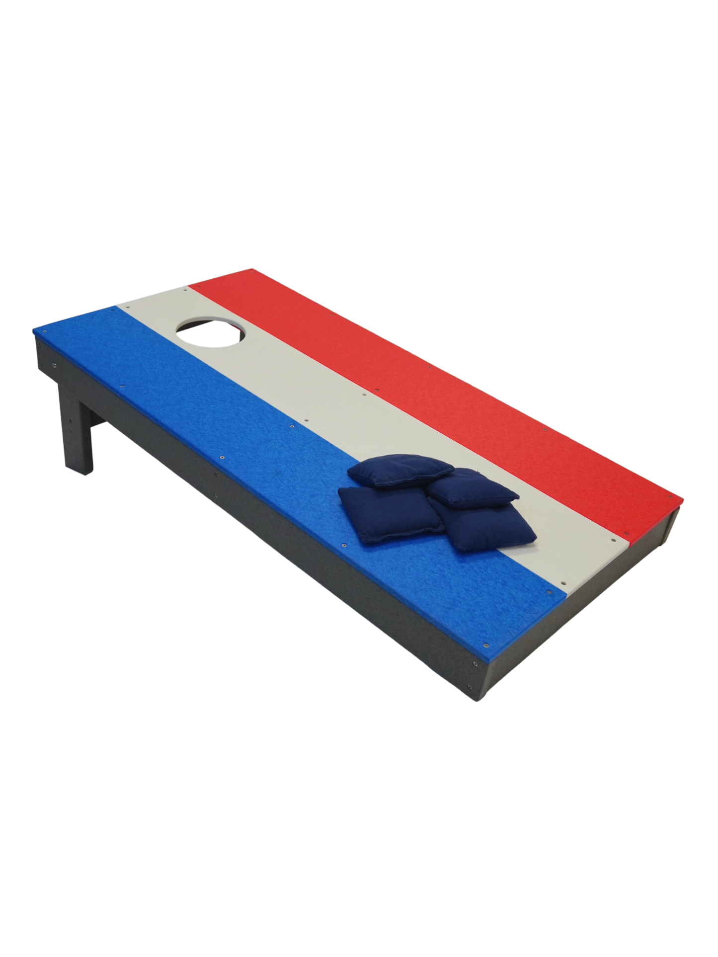 Corn hole board with red, white, and blue design and blue bean bags on top