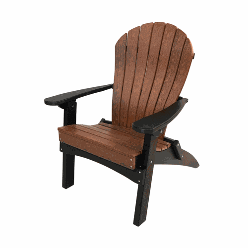 Cascade EZ-UP Adirondack chair in brown with black armrests, ergonomic design and durable poly lumber construction