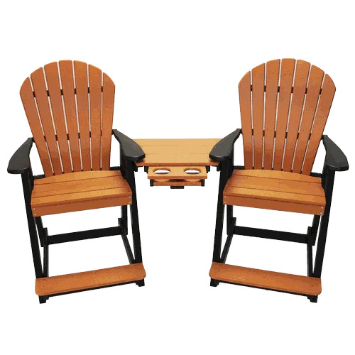 Cascade patio chairs set with two connected wood and black armchairs and a small table with cup holders