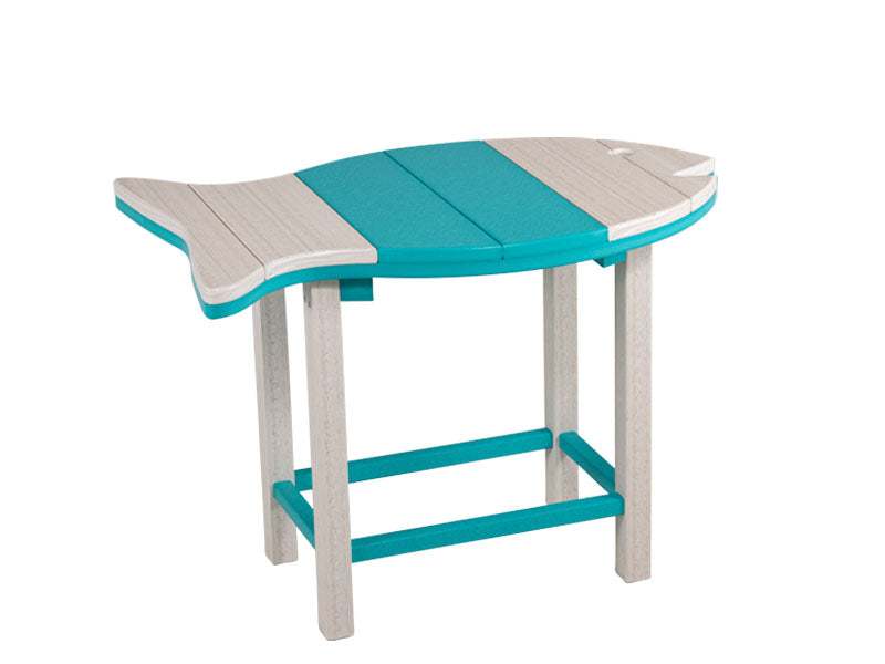 Fish Side Bar Table with fish-shaped tabletop in coastal colors, durable poly lumber and stainless steel fasteners for outdoor use