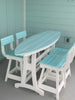 Light blue surfboard table with matching stools in coastal outdoor patio setting