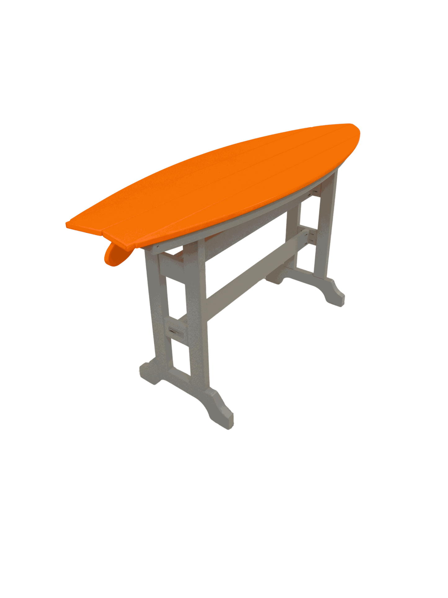Orange surfboard table with gray legs, coastal outdoor furniture with durable, weather-resistant design and surf-inspired style.