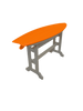 Orange surfboard table with gray legs, coastal outdoor furniture with durable, weather-resistant design and surf-inspired style.