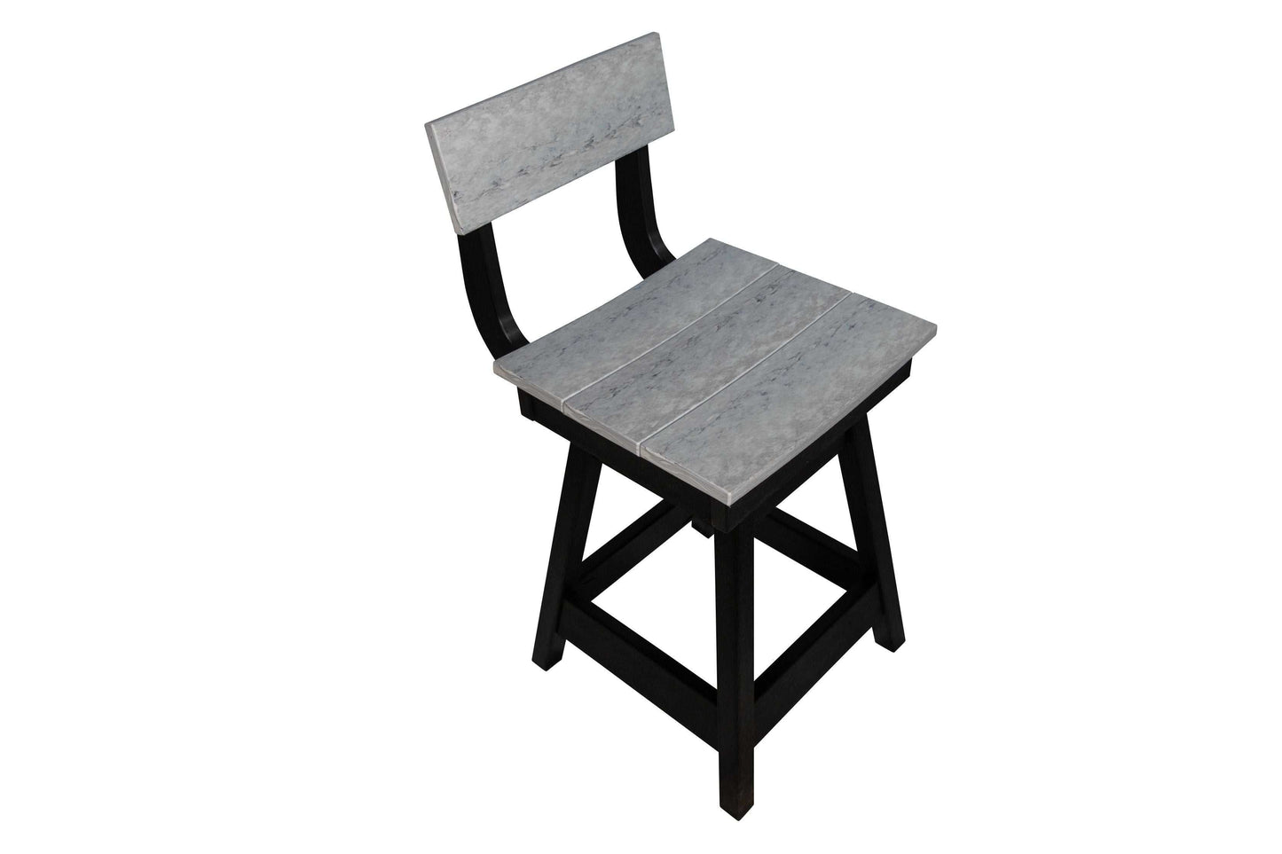Weather-resistant Saddle Stool with Back featuring a gray seat and backrest with black swivel base for outdoor use