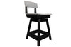 Swivel saddle stool with ergonomic curved seat, backrest, and sturdy black frame for outdoor use