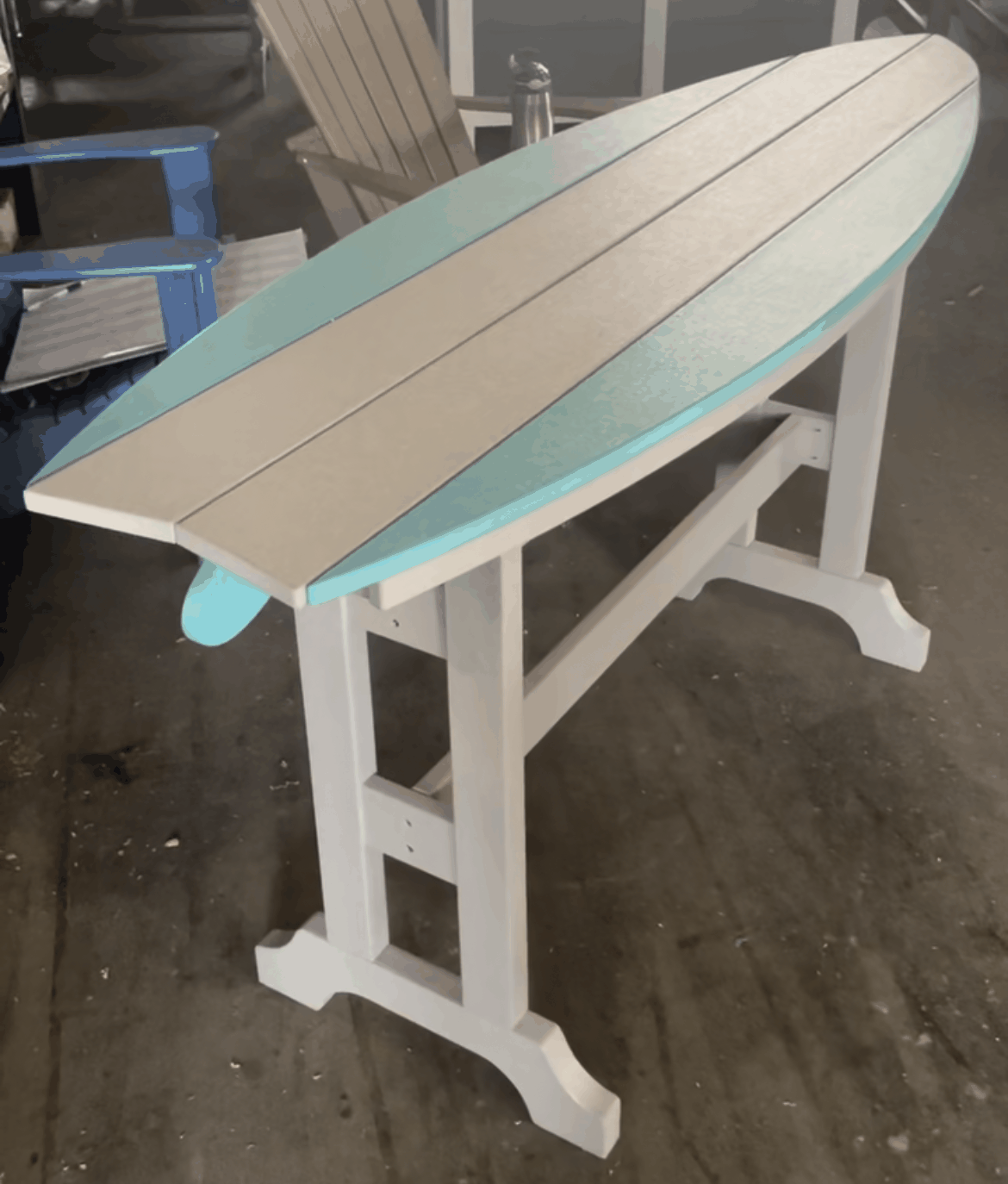 Outdoor surfboard table with coastal design and durable, weather-resistant construction