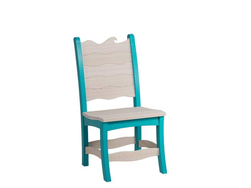 Wave Dining Chair with turquoise frame and beige wavy backrest and seat, coastal style