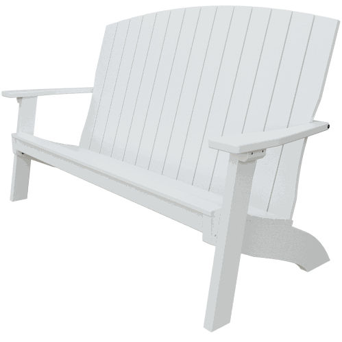 White coastal bench with contoured seat, supportive back, and wide armrests made of weather-resistant poly lumber for outdoor use