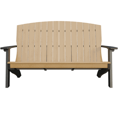 Durable coastal bench with weather-resistant poly lumber, contoured seat, supportive back, and wide armrests for outdoor seating.