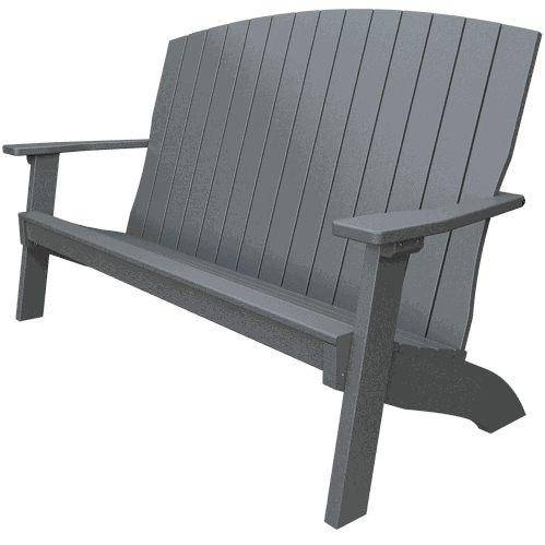 Gray weather-resistant Coastal Bench with slatted back and wide armrests for outdoor seating