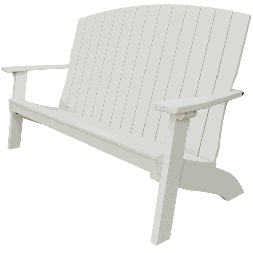 White weather-resistant poly lumber coastal bench with contoured seat and wide armrests for outdoor patios and gardens