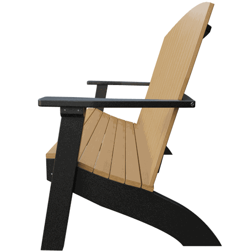 Side view of a Coastal Bench with beige slatted seat and backrest, black armrests and legs, designed for outdoor use