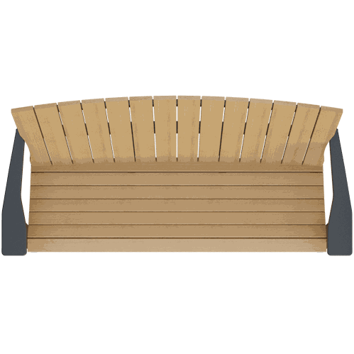 top view of tan coastal bench with dark armrests made of weather-resistant poly lumber for outdoor use