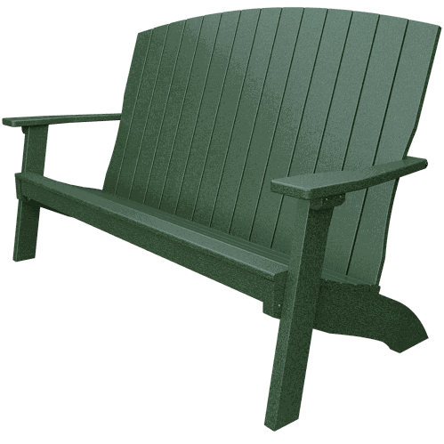 Green weather-resistant poly lumber coastal bench with contoured seat, supportive back, and wide armrests for outdoor use