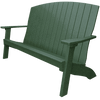 Green weather-resistant poly lumber coastal bench with contoured seat, supportive back, and wide armrests for outdoor use