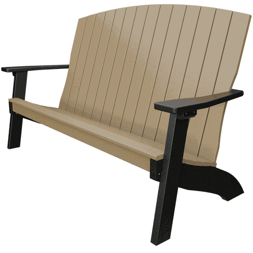Beige and black coastal bench with contoured seat and armrests, weather-resistant outdoor seating.