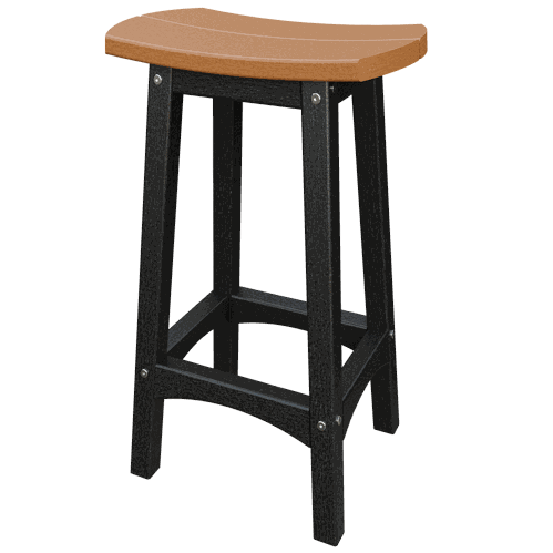 Coastal barstool with contoured brown seat and black weather-resistant poly lumber legs for outdoor use