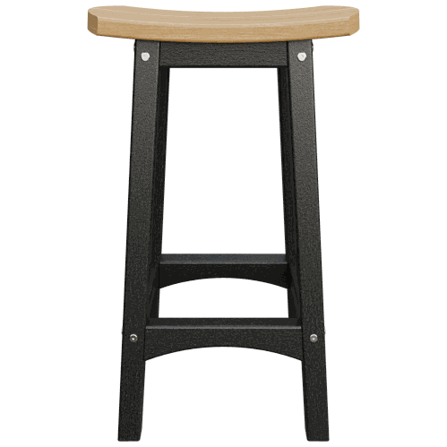 Coastal Barstool with weather-resistant black legs and natural wood contoured seat for outdoor use