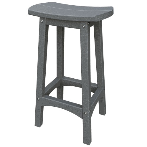 Gray coastal barstool with contoured seat, weather-resistant poly lumber, and rust-proof stainless steel hardware for outdoor use