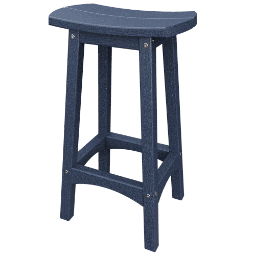 Blue coastal barstool made of weather-resistant poly lumber with contoured seat and rust-proof stainless steel hardware.