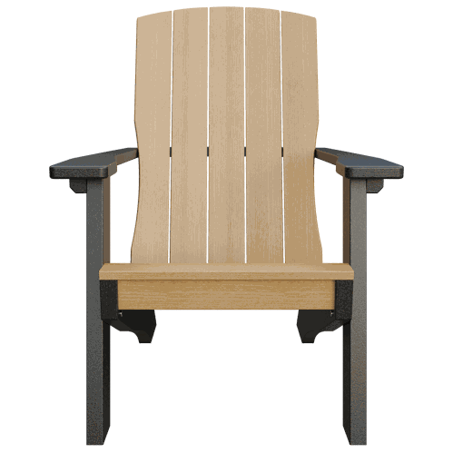 Beige and black coastal chair with upright seat and wide armrests made from weather-resistant poly lumber for outdoor use.