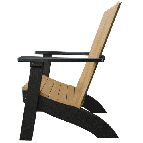 Side view of a Coastal Chair with a tall, upright backrest and contoured seat made from weather-resistant poly lumber in tan and black colors.