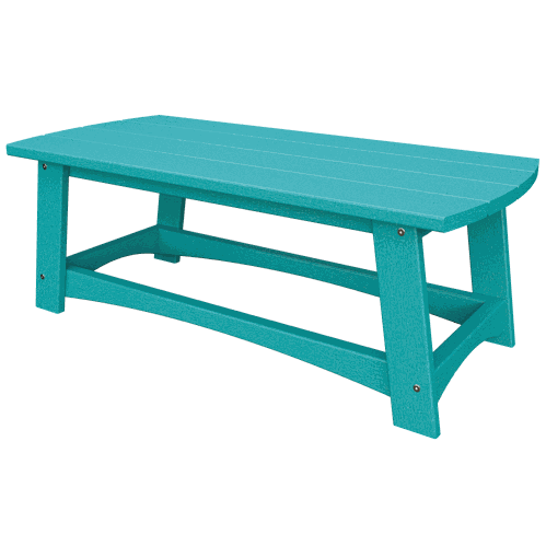 Turquoise coastal coffee table made from weather-resistant poly lumber with slatted top and sturdy frame for outdoor use.