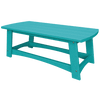 Turquoise coastal coffee table made from weather-resistant poly lumber with slatted top and sturdy frame for outdoor use.