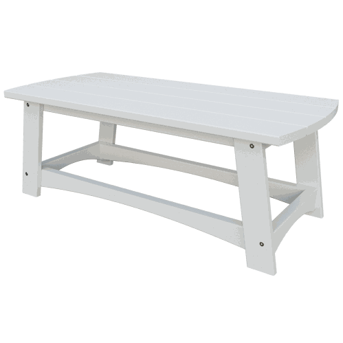 White coastal coffee table with slatted top and curved support base, weather-resistant and eco-friendly poly lumber design.