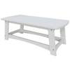 White coastal coffee table with slatted top and curved support base, weather-resistant and eco-friendly poly lumber design.