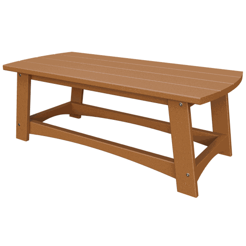Brown coastal coffee table with slatted top and sturdy poly lumber construction for outdoor use