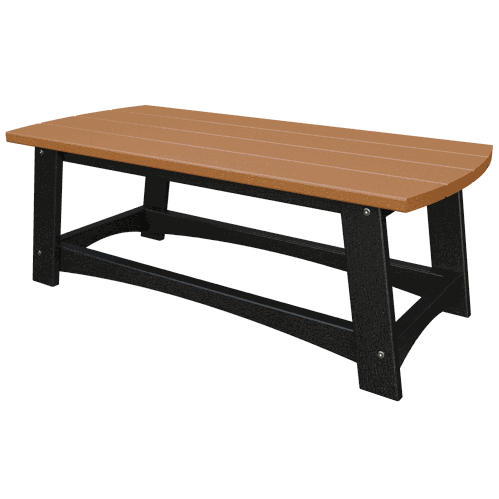 Coastal Coffee Table with brown slatted poly lumber top and black sturdy base, weather-resistant and low maintenance.