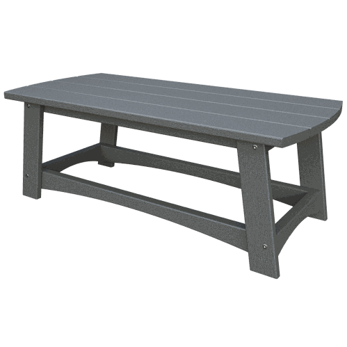 Gray eco-friendly poly lumber coastal coffee table with slatted top and sturdy angled legs for outdoor patio use