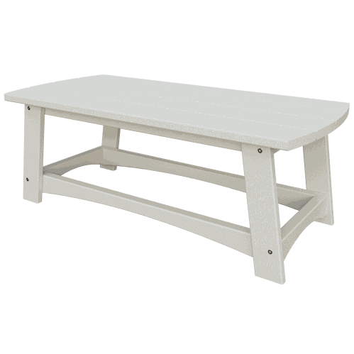 White weather-resistant poly lumber coastal coffee table with slatted top and sturdy low-profile design for outdoor patio use
