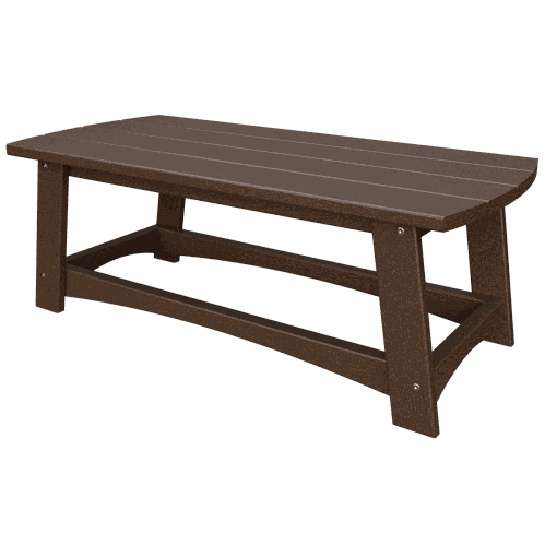 Brown coastal coffee table with slatted top and sturdy poly lumber construction for outdoor use