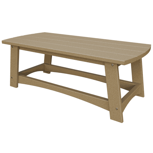 Durable coastal coffee table made from weather-resistant poly lumber with a slatted top and low-profile design for outdoor use.