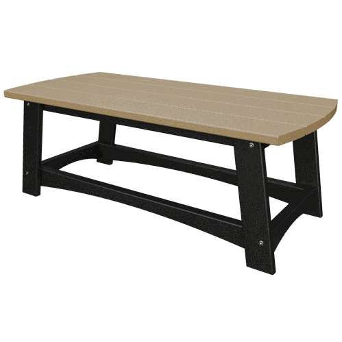 Coastal Coffee Table with tan poly lumber top and black durable frame, weather-resistant outdoor patio furniture.