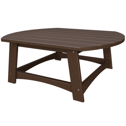 Brown outdoor coastal conversation table made from durable recycled poly lumber with sturdy legs and cross supports.
