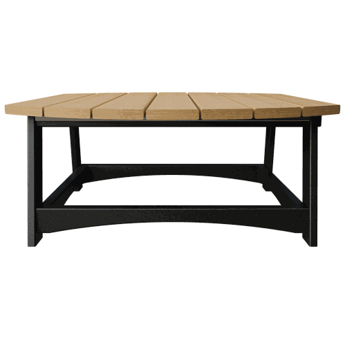 Outdoor Coastal Conversation Table with wide wooden slat top and black durable frame designed for weather resistance and low maintenance