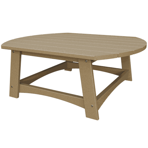 Tan poly lumber Coastal Conversation Table with sturdy legs and cross supports, designed for outdoor use.