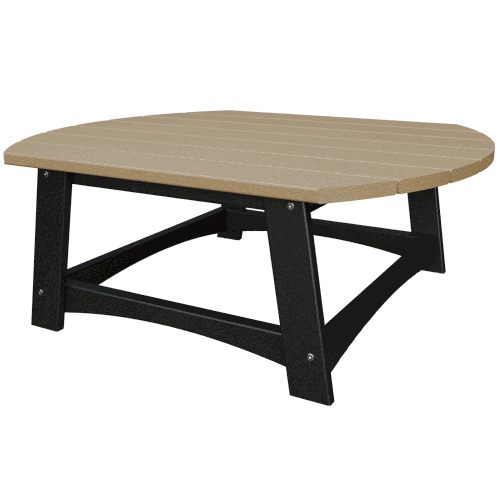 Coastal Conversation Table with beige poly lumber top and black metal legs, weather-resistant outdoor coffee table.