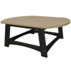 Coastal Conversation Table with beige poly lumber top and black metal legs, weather-resistant outdoor coffee table.