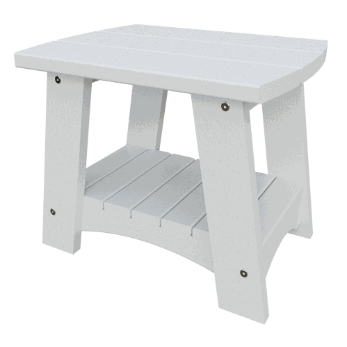 White coastal end table made from weather-resistant recycled poly lumber with sturdy, compact design and lower shelf for outdoor use