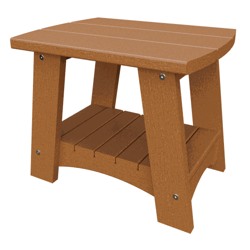 Brown coastal end table made from weather-resistant poly lumber with a compact, sturdy design and lower shelf.