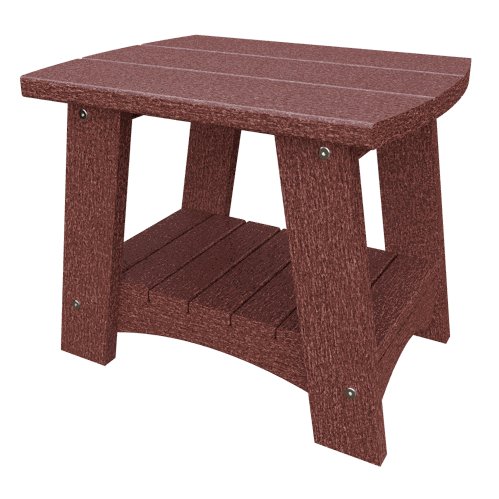 Compact weather-resistant Coastal End Table made of eco-friendly recycled poly lumber in a reddish-brown finish with stainless steel hardware and lower shelf.