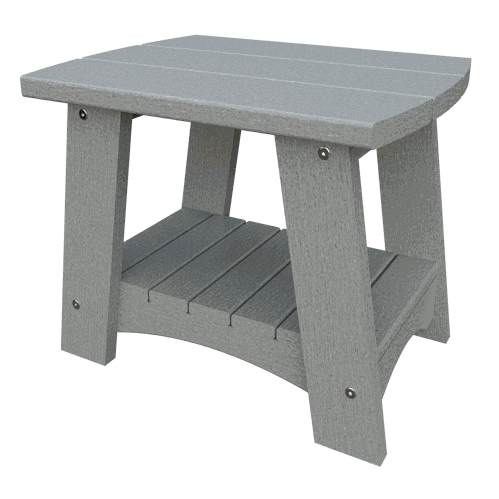 Coastal End Table in weather-resistant gray poly lumber with sturdy design and lower shelf for outdoor use