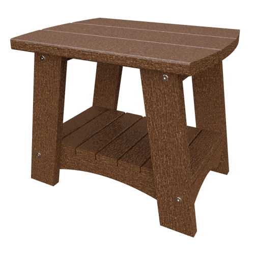 Brown coastal end table made of weather-resistant poly lumber with sturdy legs and lower shelf for outdoor use