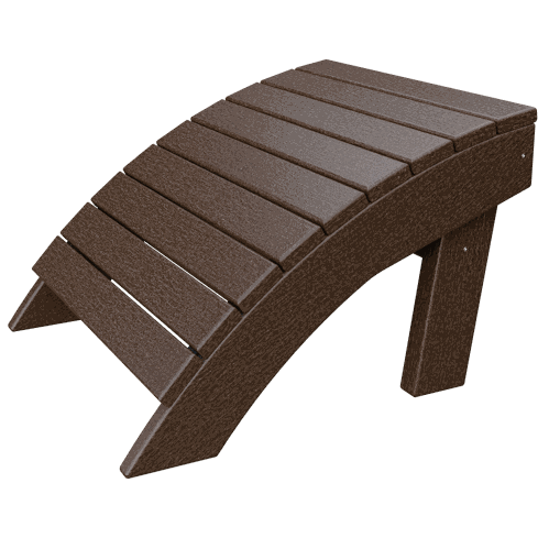 Brown ergonomic Coastal Ottoman made of durable poly lumber for outdoor use, curved slatted design with rust-resistant hardware.