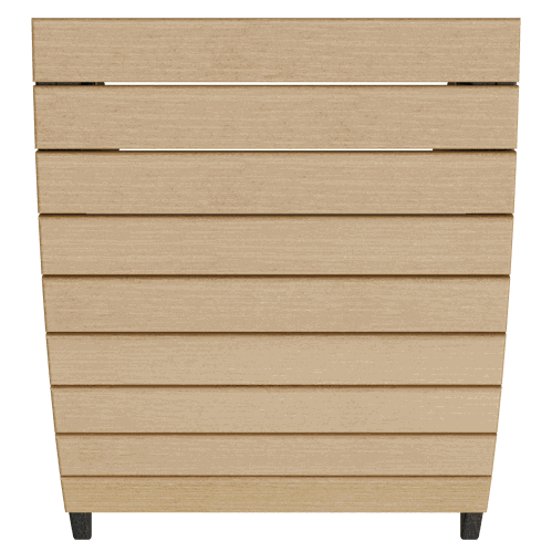 Beige poly lumber Coastal Ottoman with horizontal slats, designed for outdoor use and paired with Coastal Collection seating.