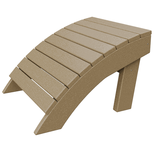 Beige curved wooden coastal ottoman footrest with slatted top and sturdy legs for outdoor relaxation